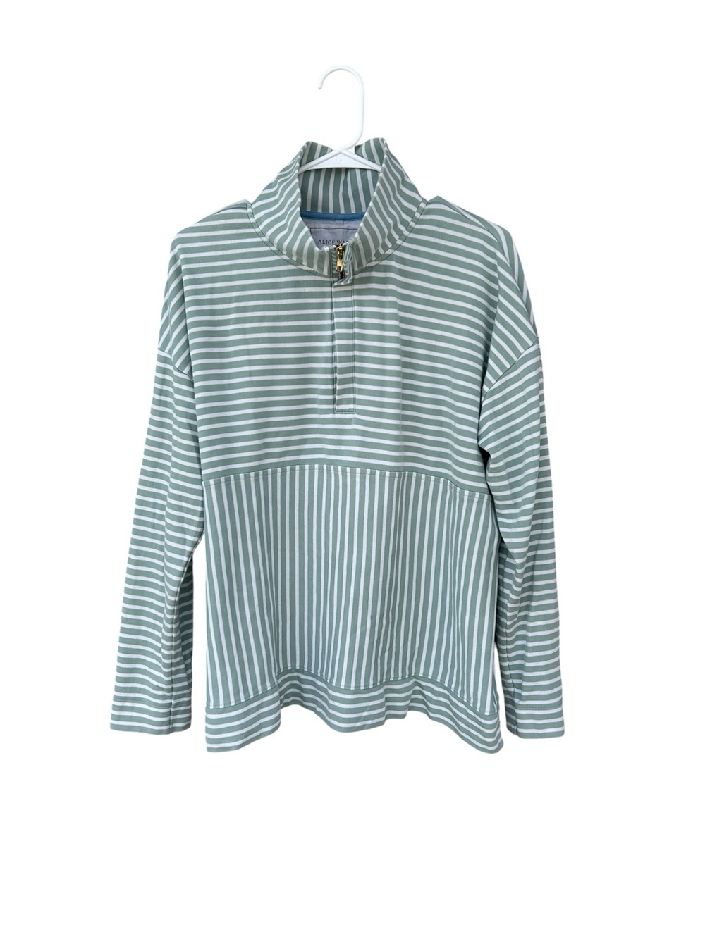 Alice Walk Striped Half-Zip Pullover in Sage and White - Size XL - Peruvian Pima - Picture 3 of 10